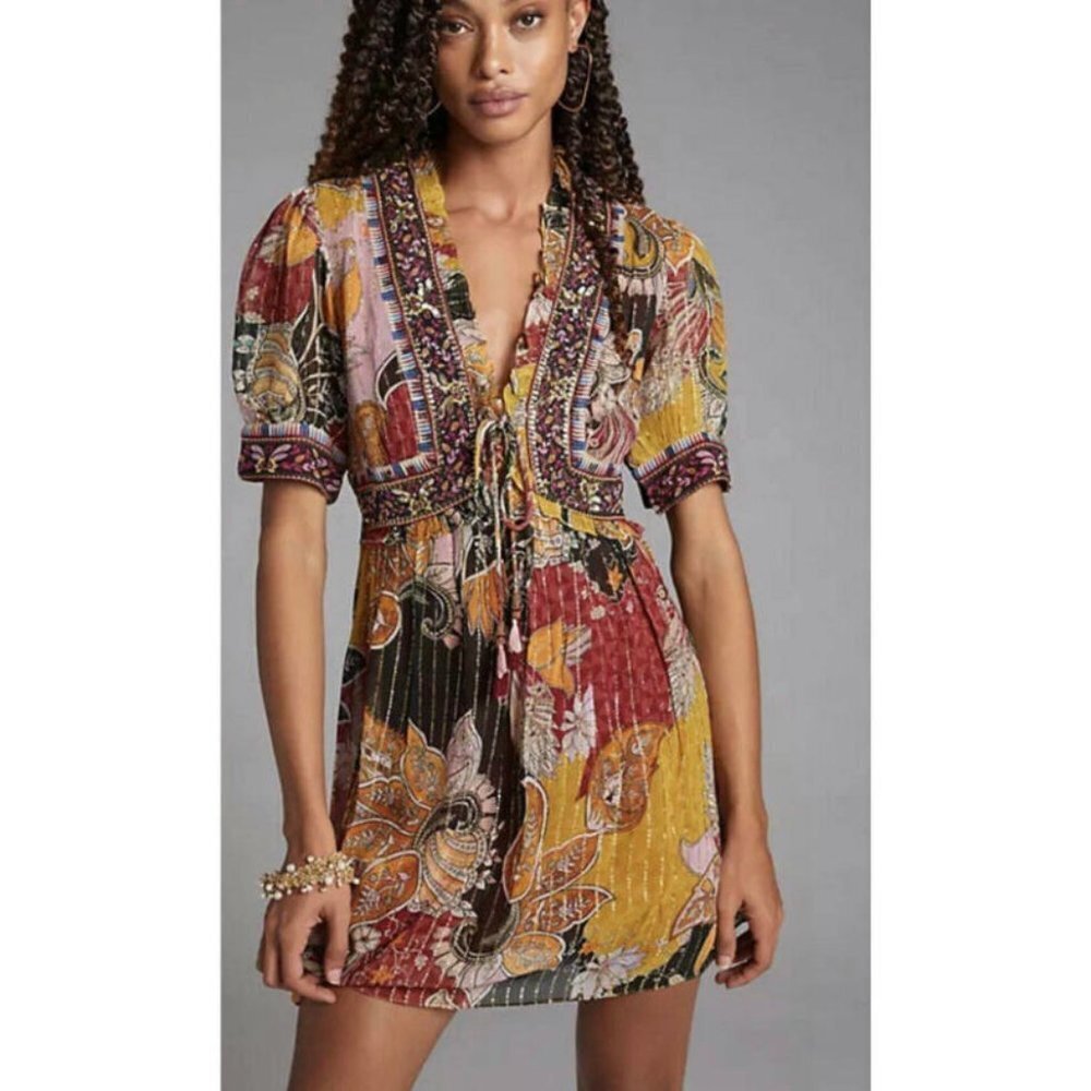VERB by Pallavi Singhee Anthropologie pattern ruffle sequin mini dress